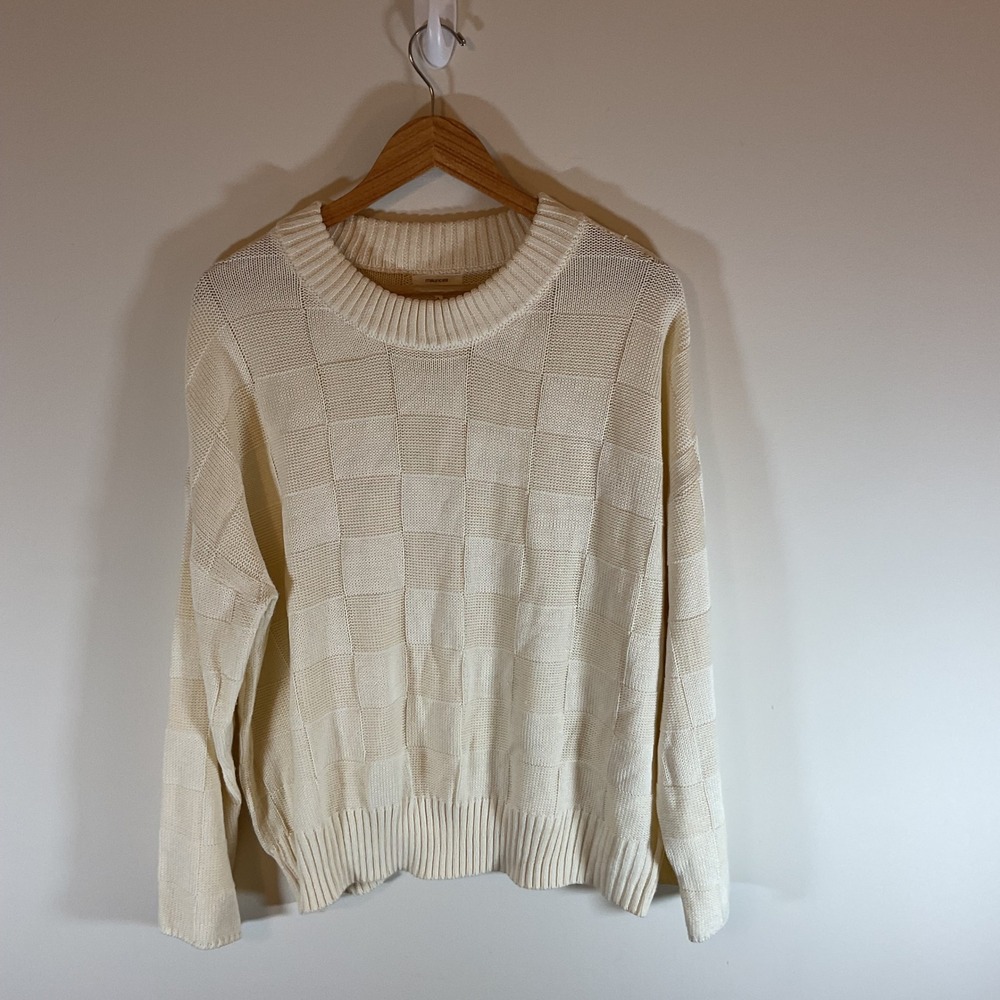 Maurices Womens XL Cream Ivory Checkerboard Textured Knit Crewneck Sweater